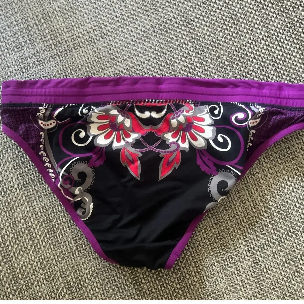 ATHLETA Hawaiian Hipster Bikini Botton Black Purple Hibiscus Tie Front L